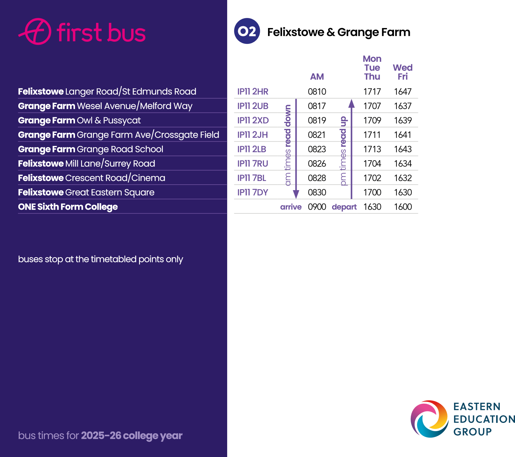 O2 timetable