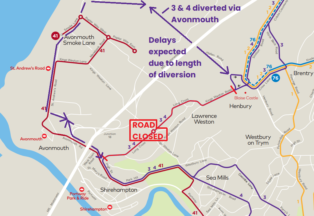 Map showing diversion route of services 3 and 4.