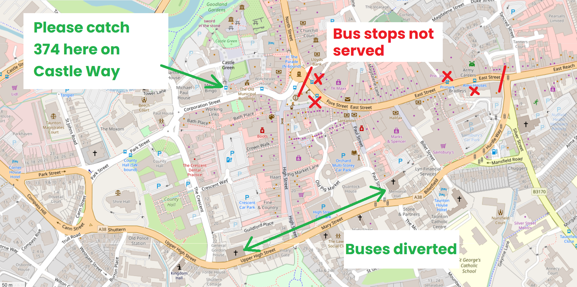 Map showing 374 diversion and bus stops.