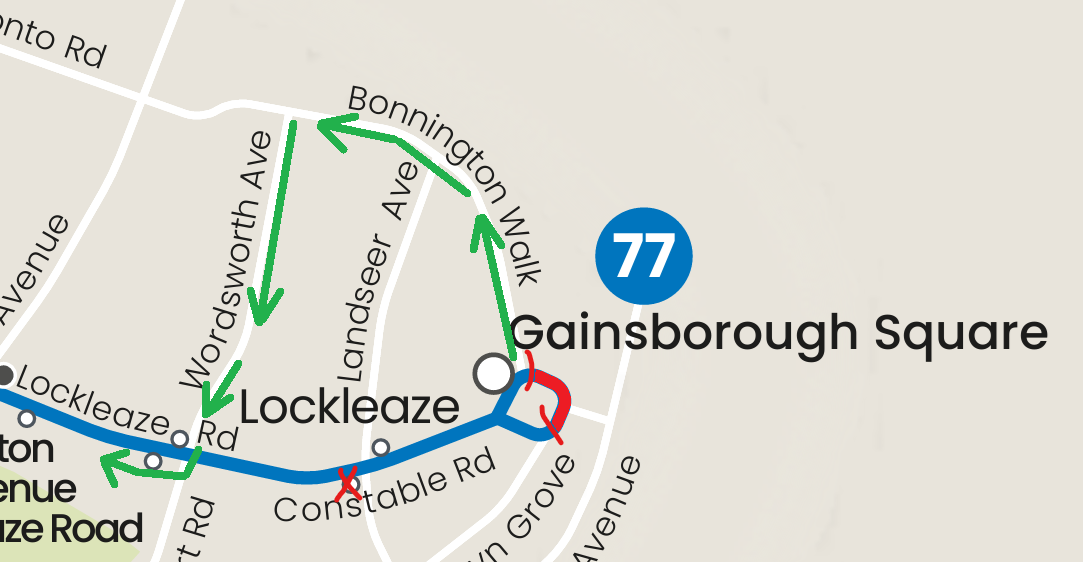 Map showing route 77 diversion at Lockleaze.