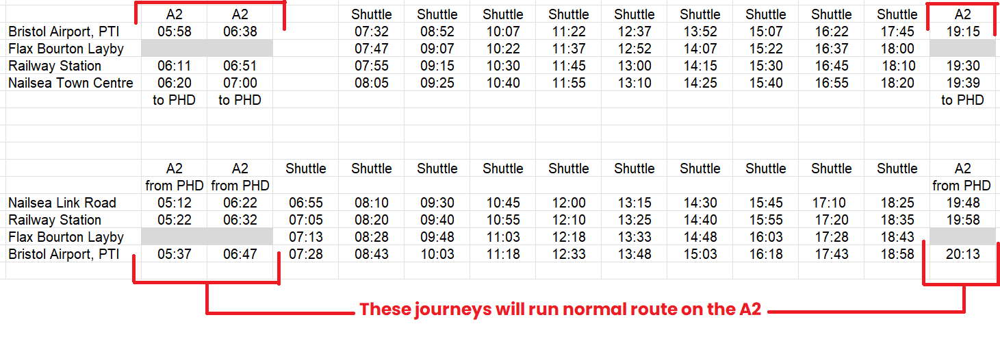 Timetable showing A2 Shuttle Bus times.