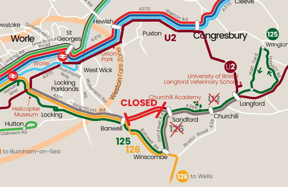 Map showing diverted bus routes during Banwell road closure.
