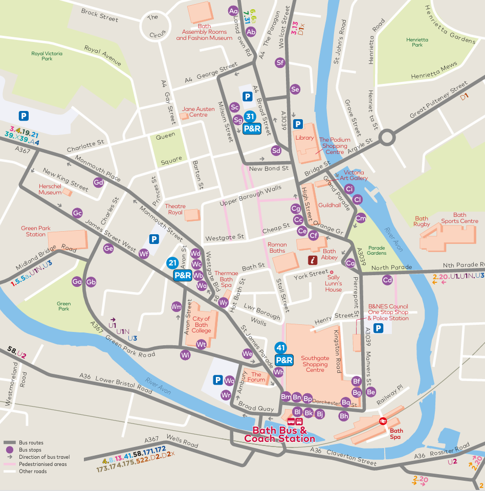 Map of Bath City Centre bus stops