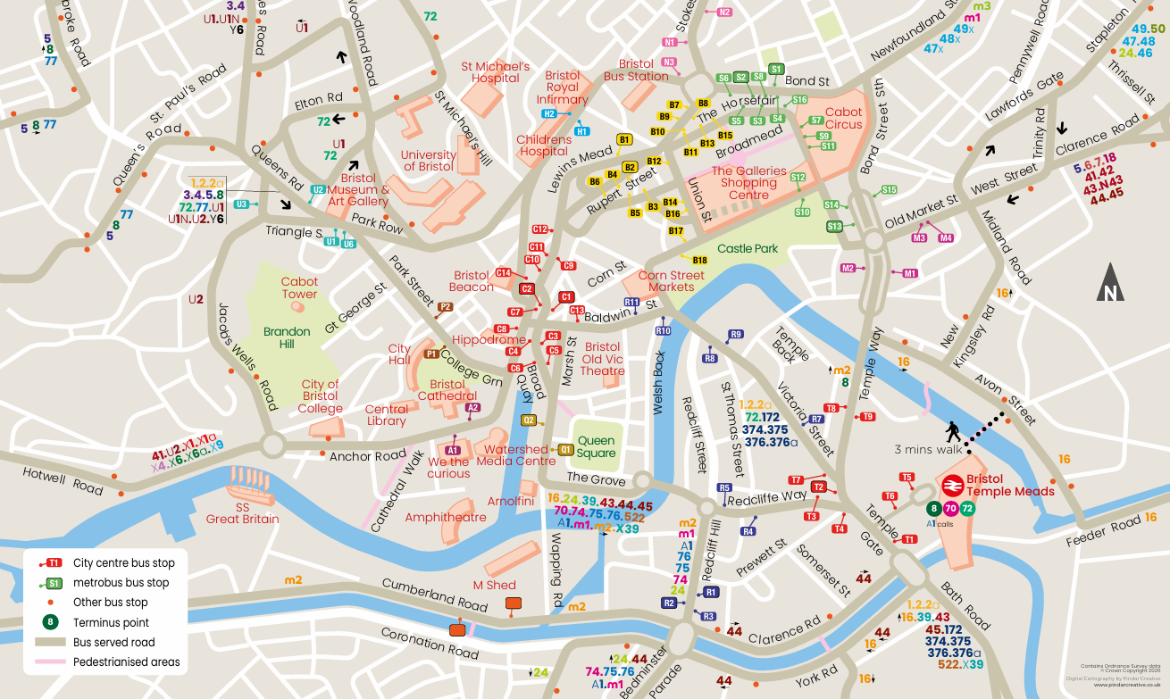Map of Bristol City Centre bus stops