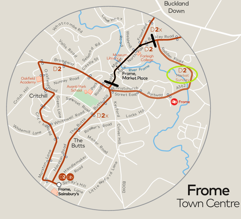 Map showing route D2 diversion route during Frome Market.
