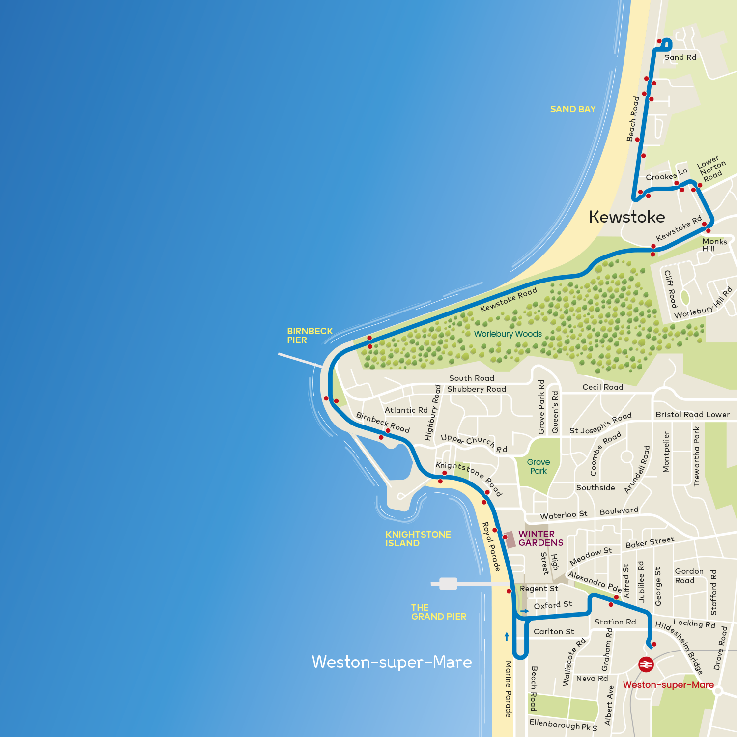a map showing the route of Explore Weston