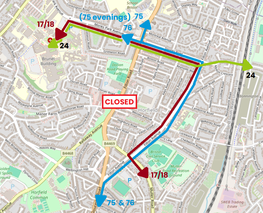 Map of diverted bus routes during Gloucester Road closure