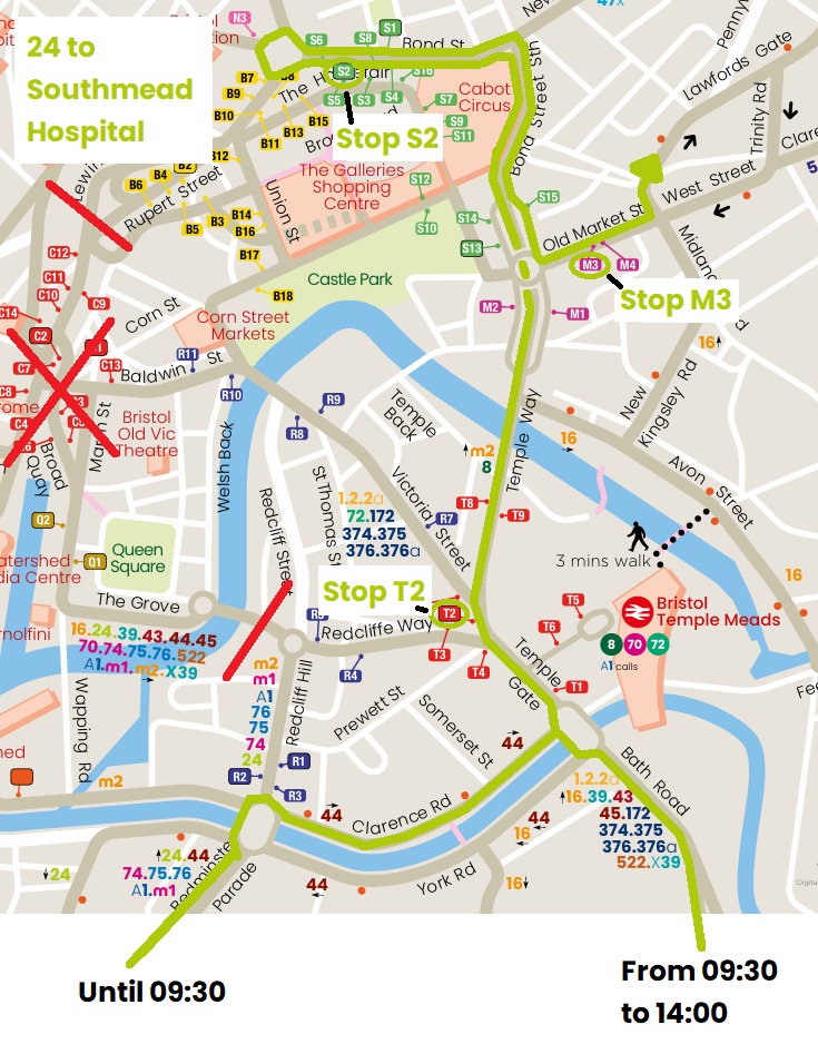 24 diversion map towards Southmead Hospital