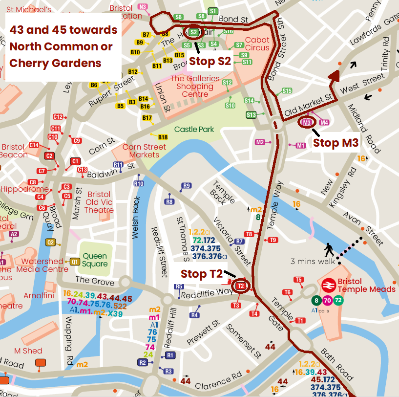 Diversion map for the 43 and 45 towards North Common or Cherry Gardens