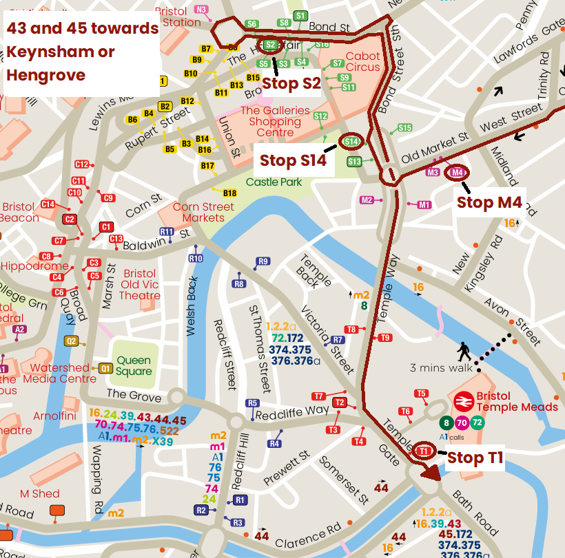 Diversion map for the 43 or 45 towards Keynsham or Hengrove
