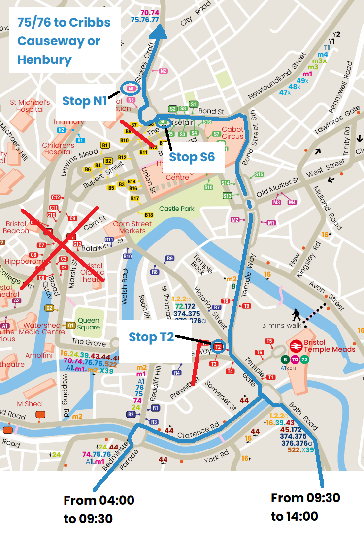 Route 75 and 76 to Henbury or Cribbs Causeway diversion map