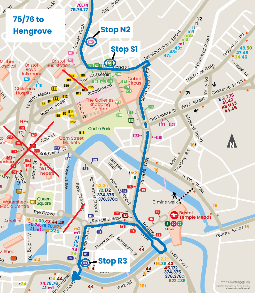 Route 75 and 76 to Hengrove diversion map