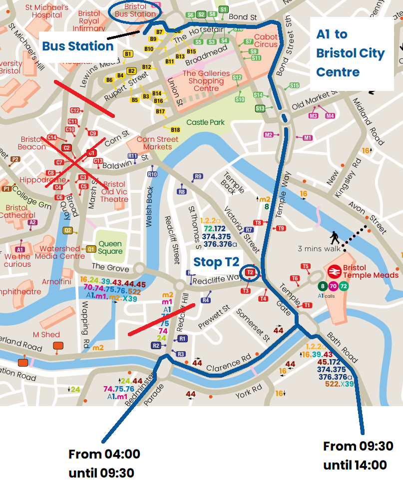 Route A1 to Bristol City Centre diversion map