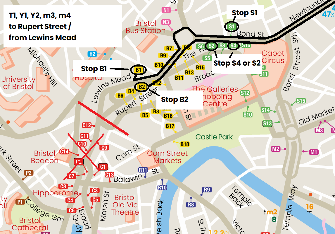 Diversion map for routes T1, Y1, Y2, m3 and m4