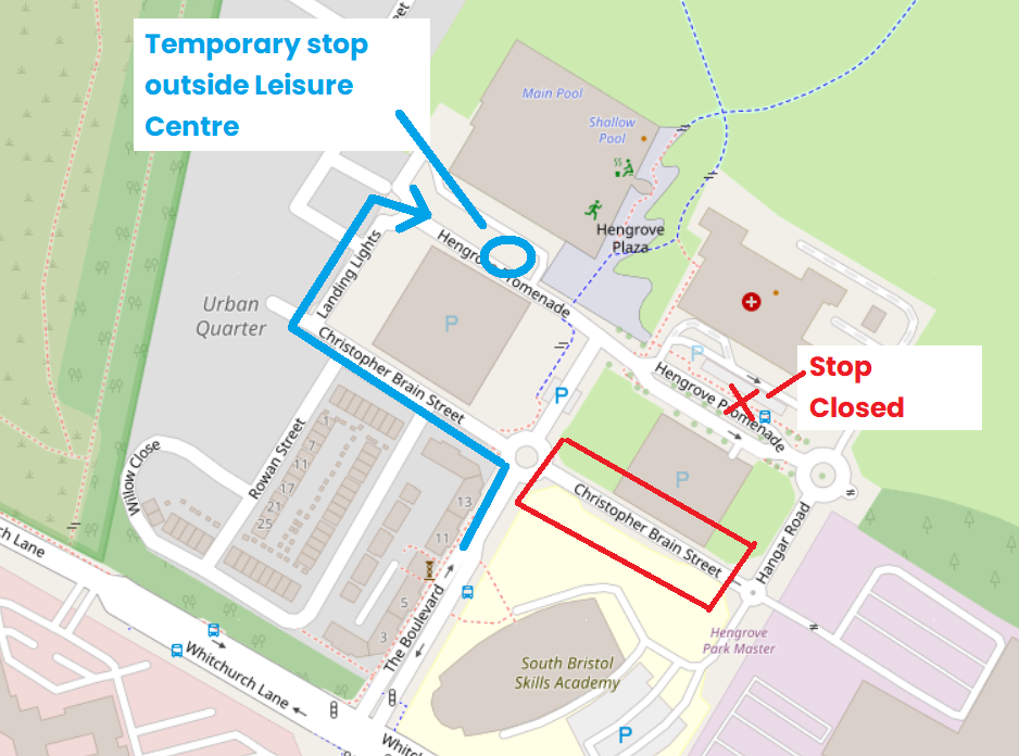 Map showing temporary stop location at Hengrove Park