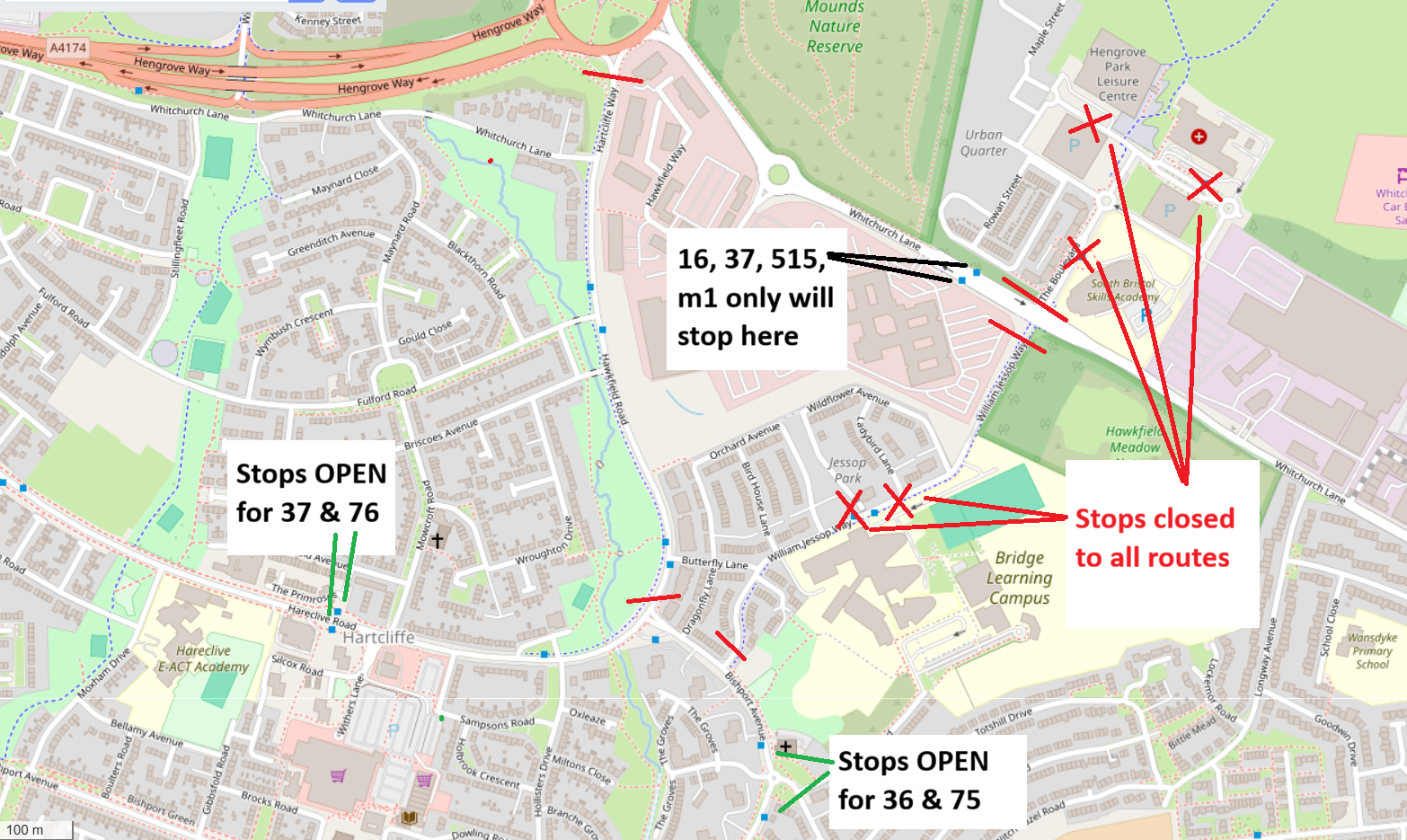 Map showing closed bus stops around Hengrove Park