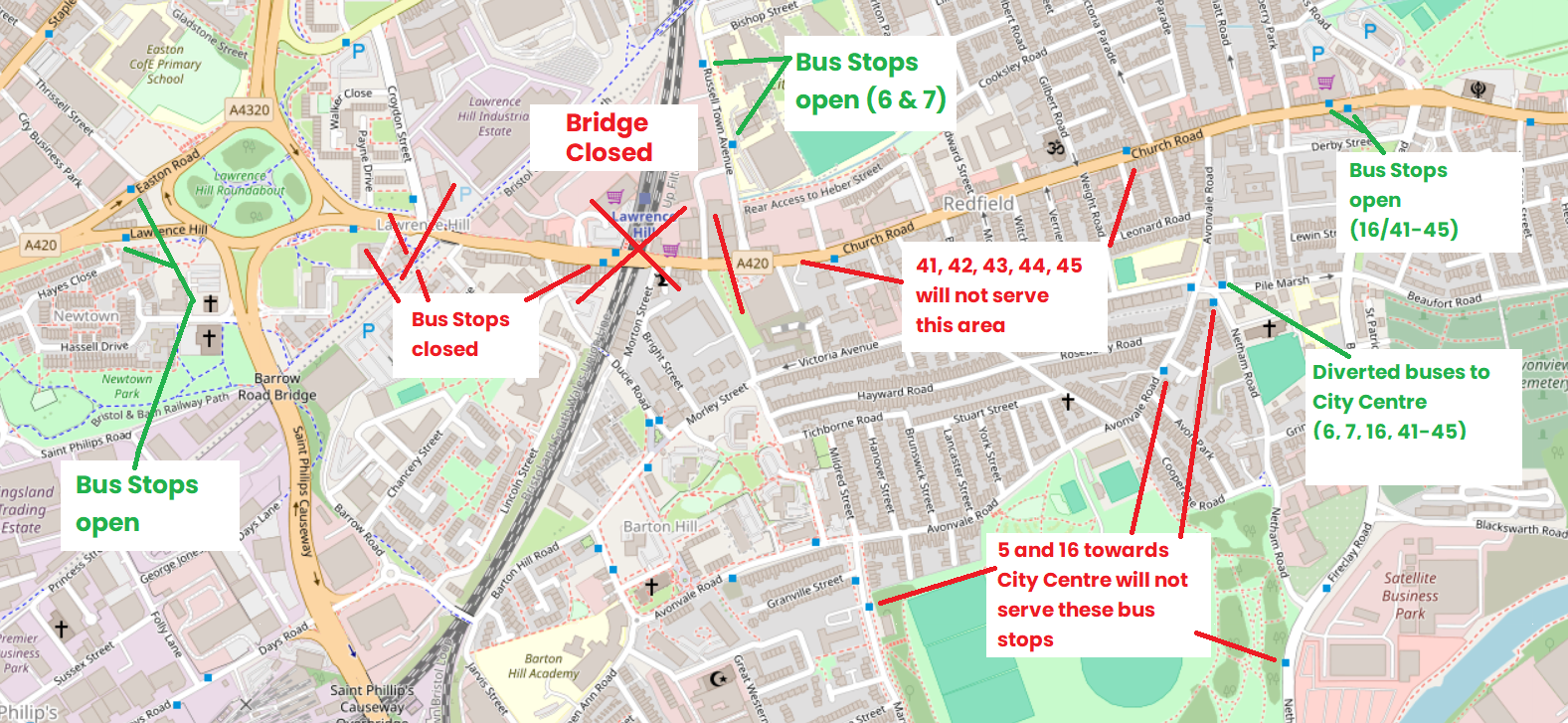 Map showing bus stop arrangements for Lawrence Hill Bridge Closure