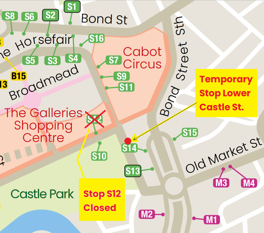 Map showing location of Lower Castle Street temporary bus stop.