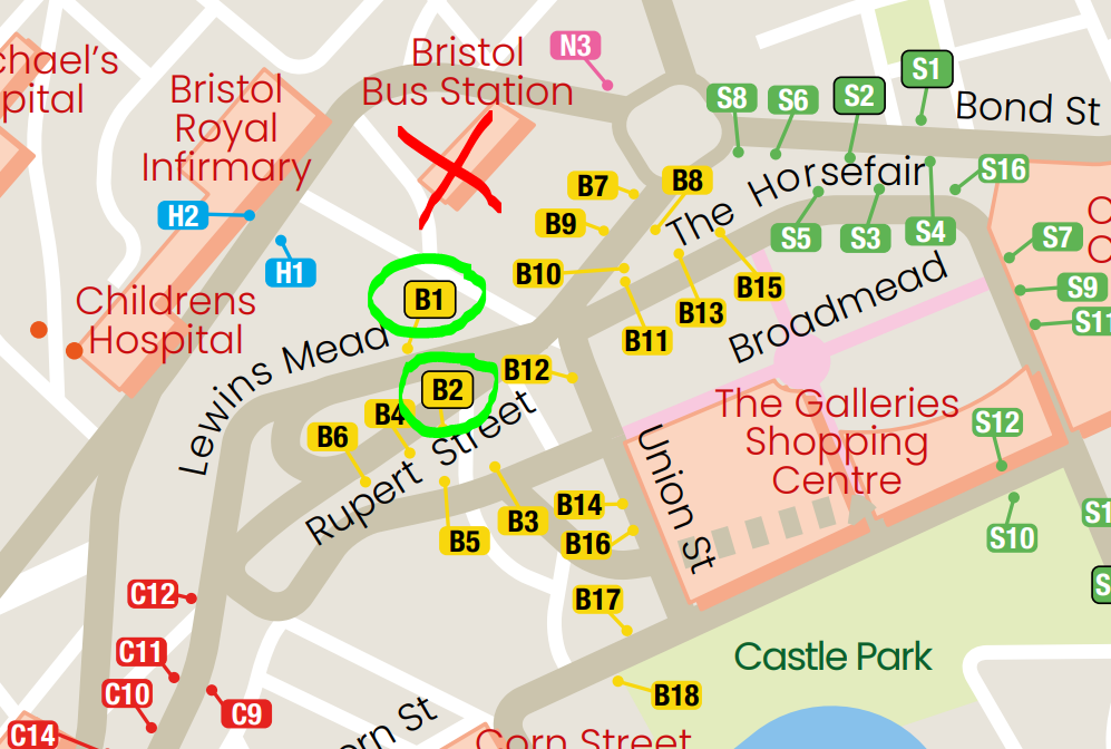 Map showing alternative bus stop locations. 