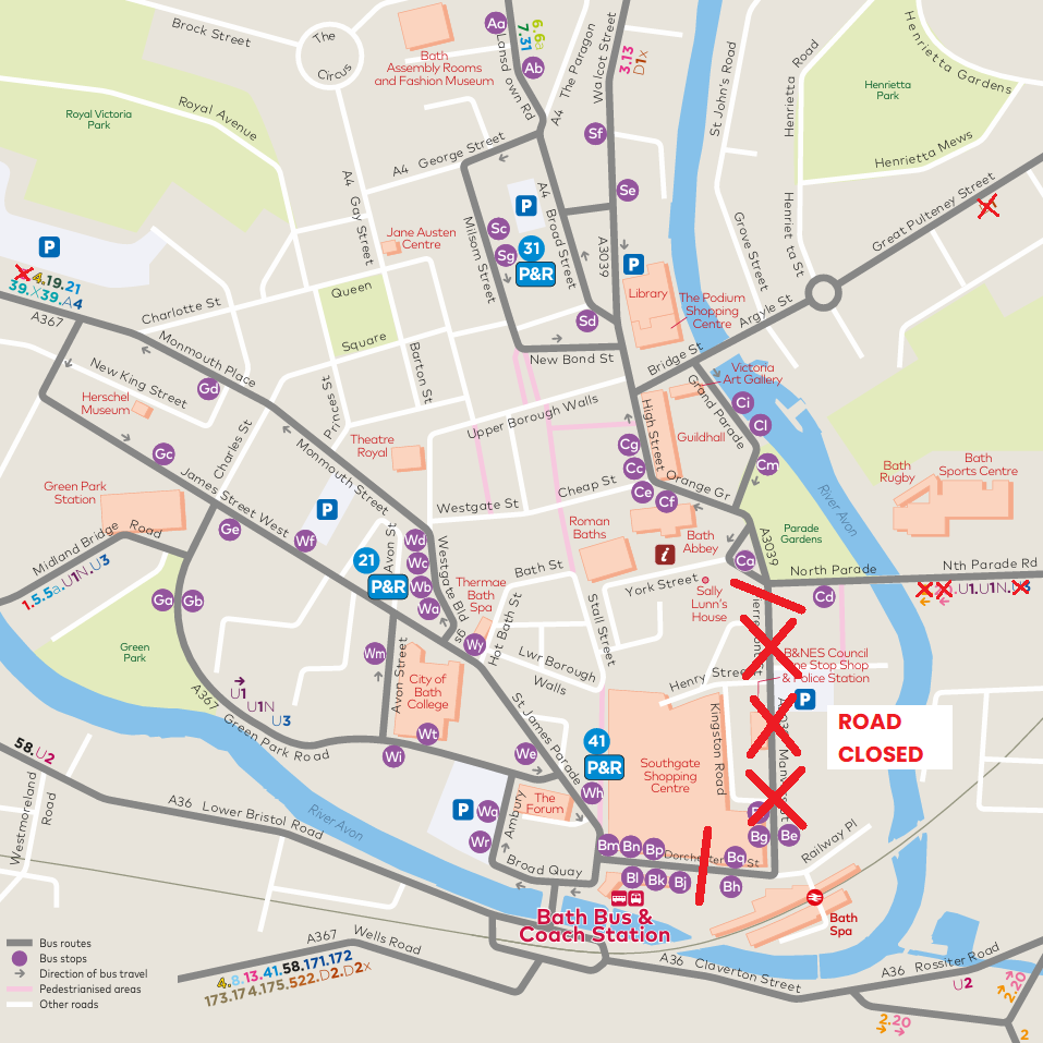 Map showing Bath City Centre bus stops with Manvers Street closed