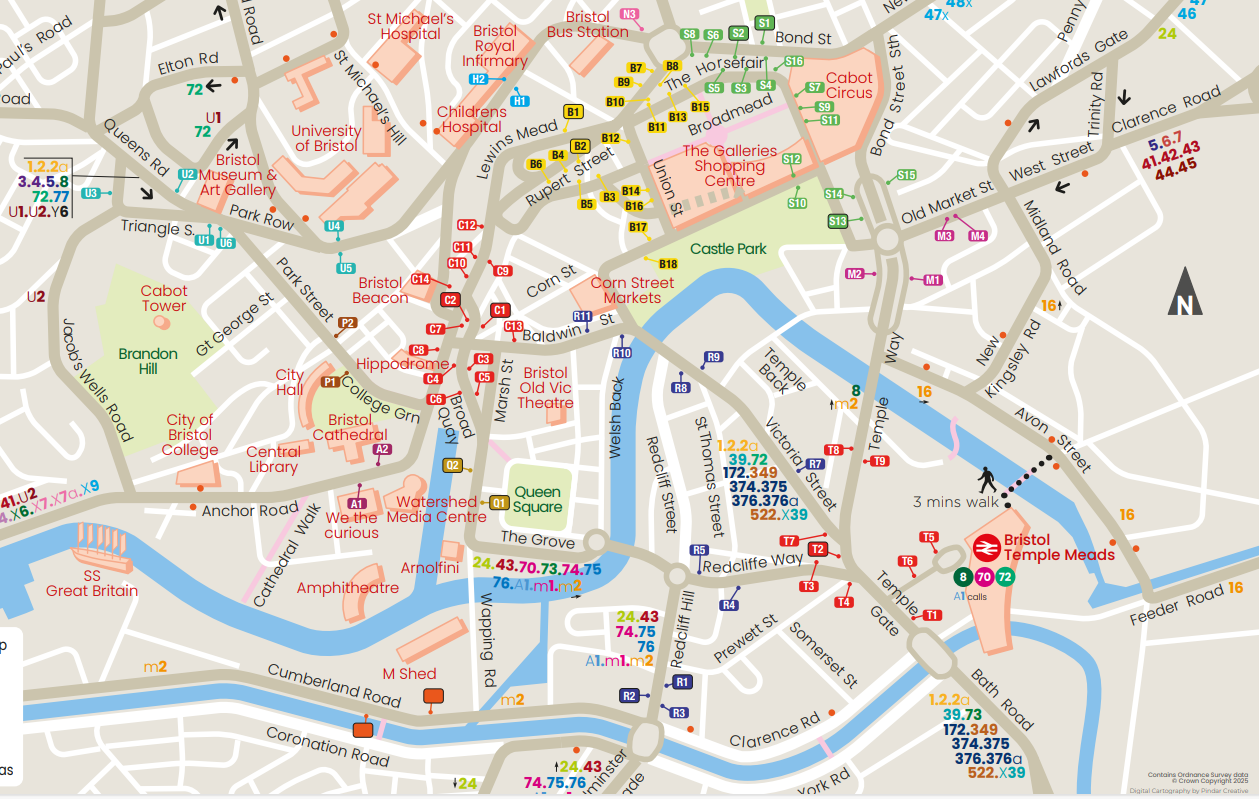 Map showing Bristol City Centre bus stops.