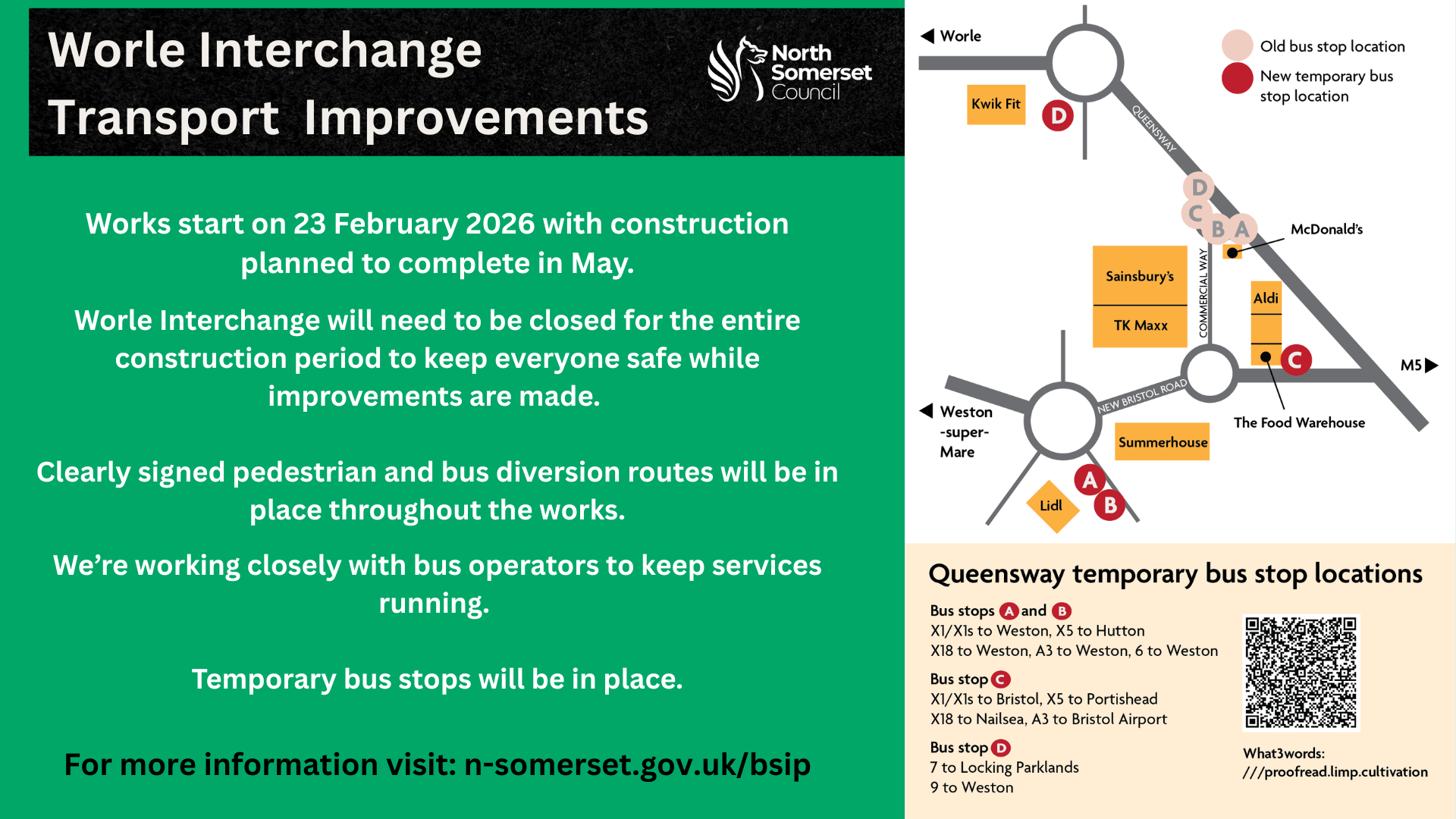 Map showing alternative bus stop locations while Worle Terminus is closed.