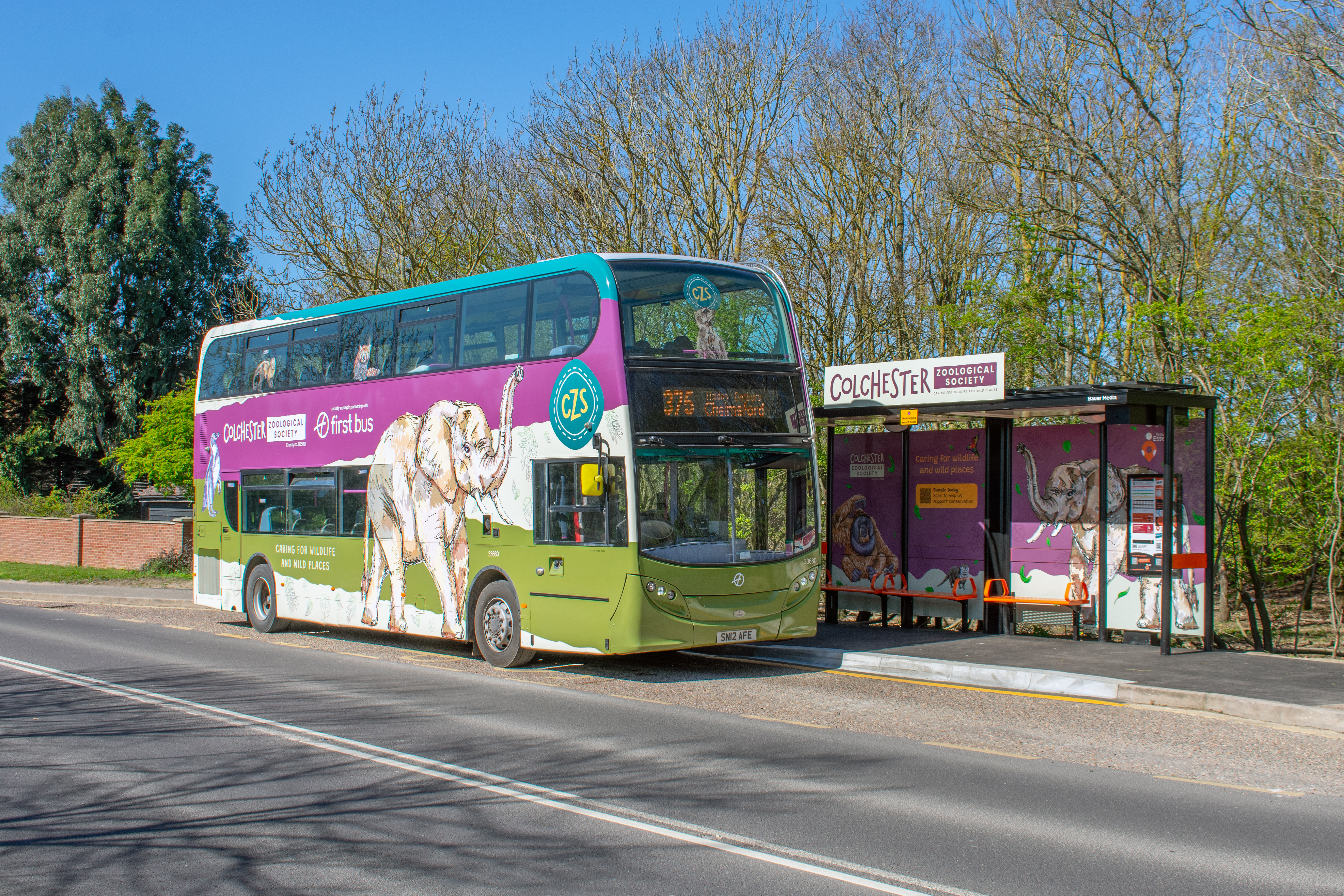 an image of the newly wrapped bus parked in a bus shelter outside Colchester Zoo