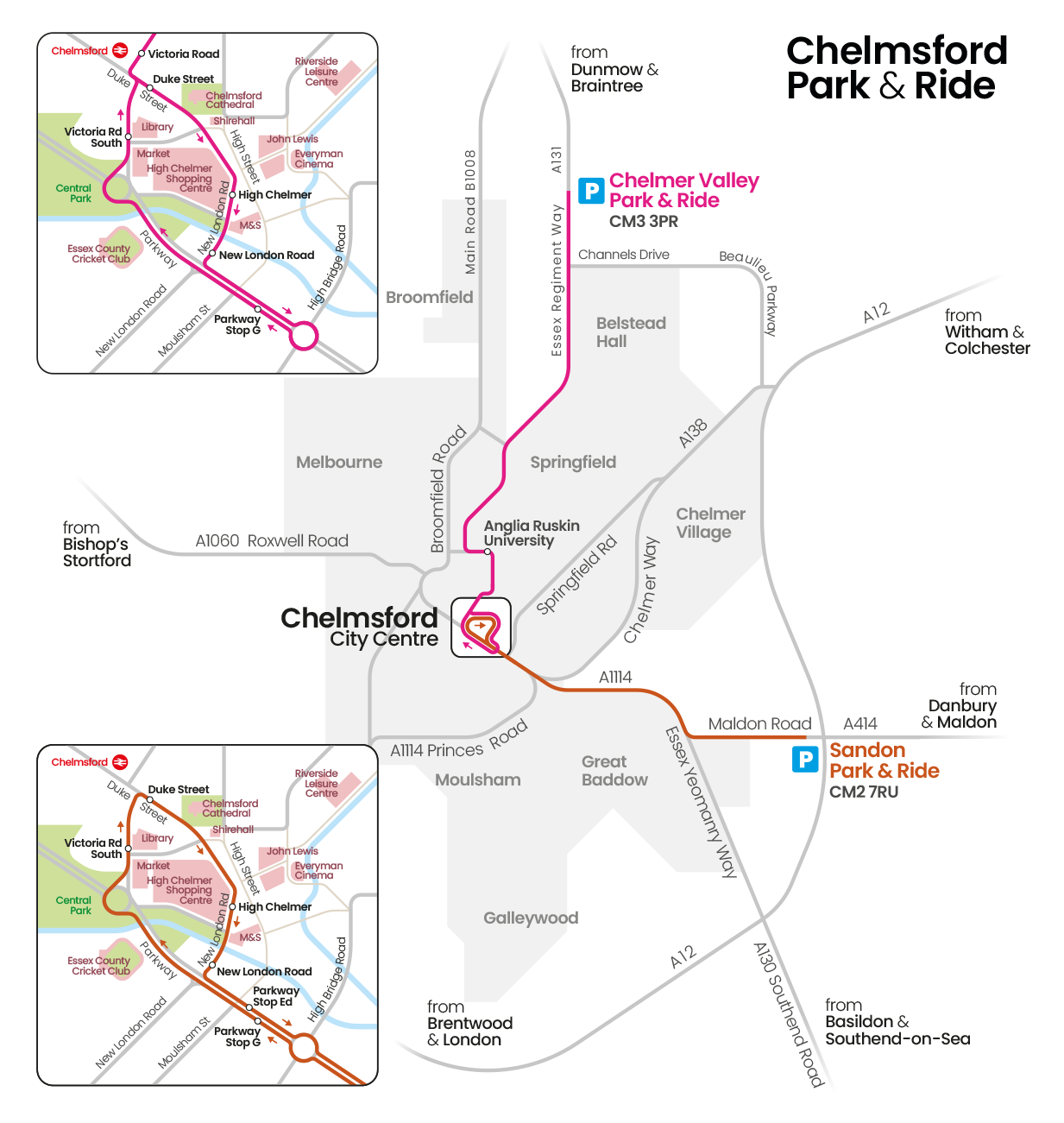 a map of the two park and ride routes
