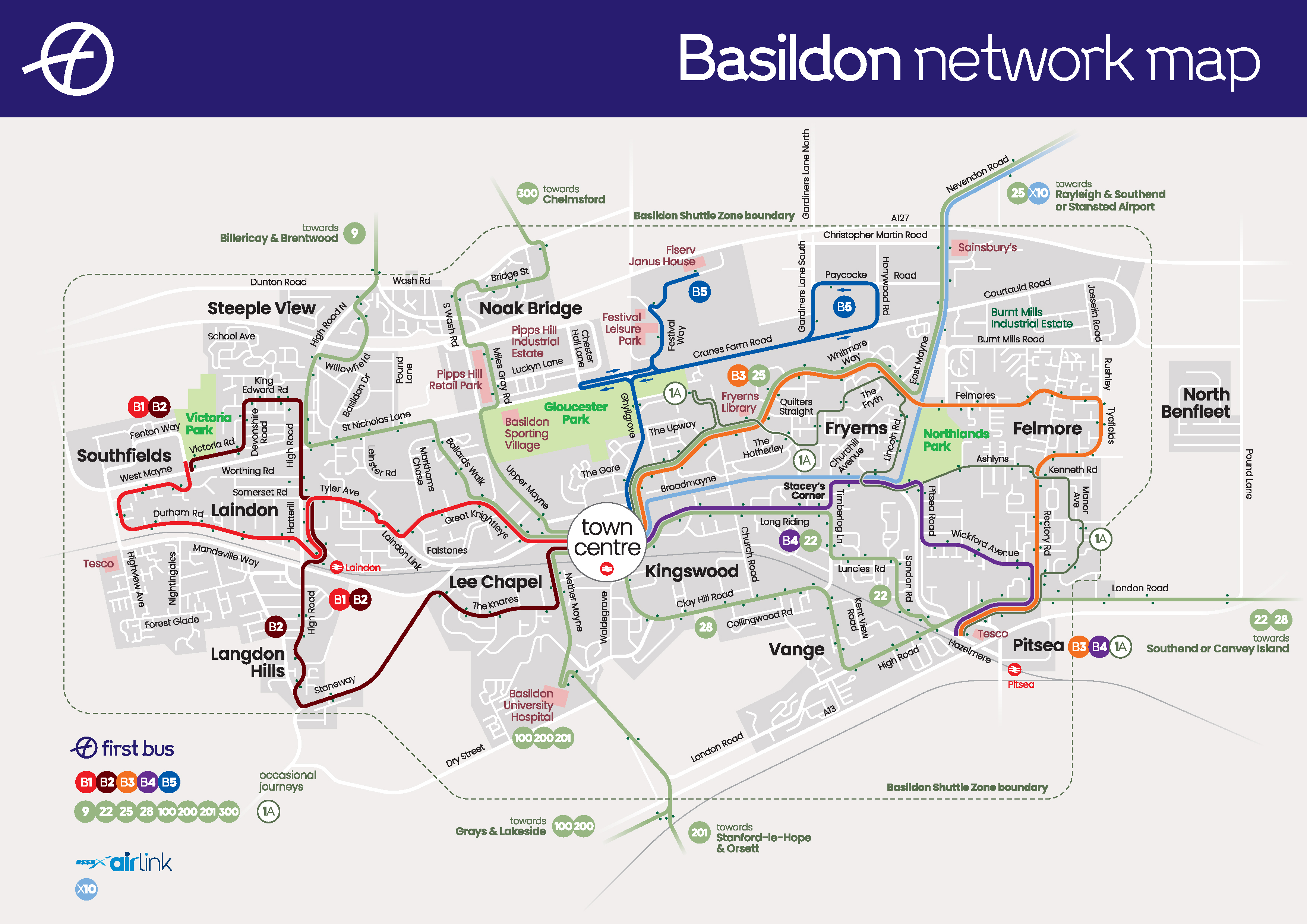 image of a map showing the First Bus network in Basildon