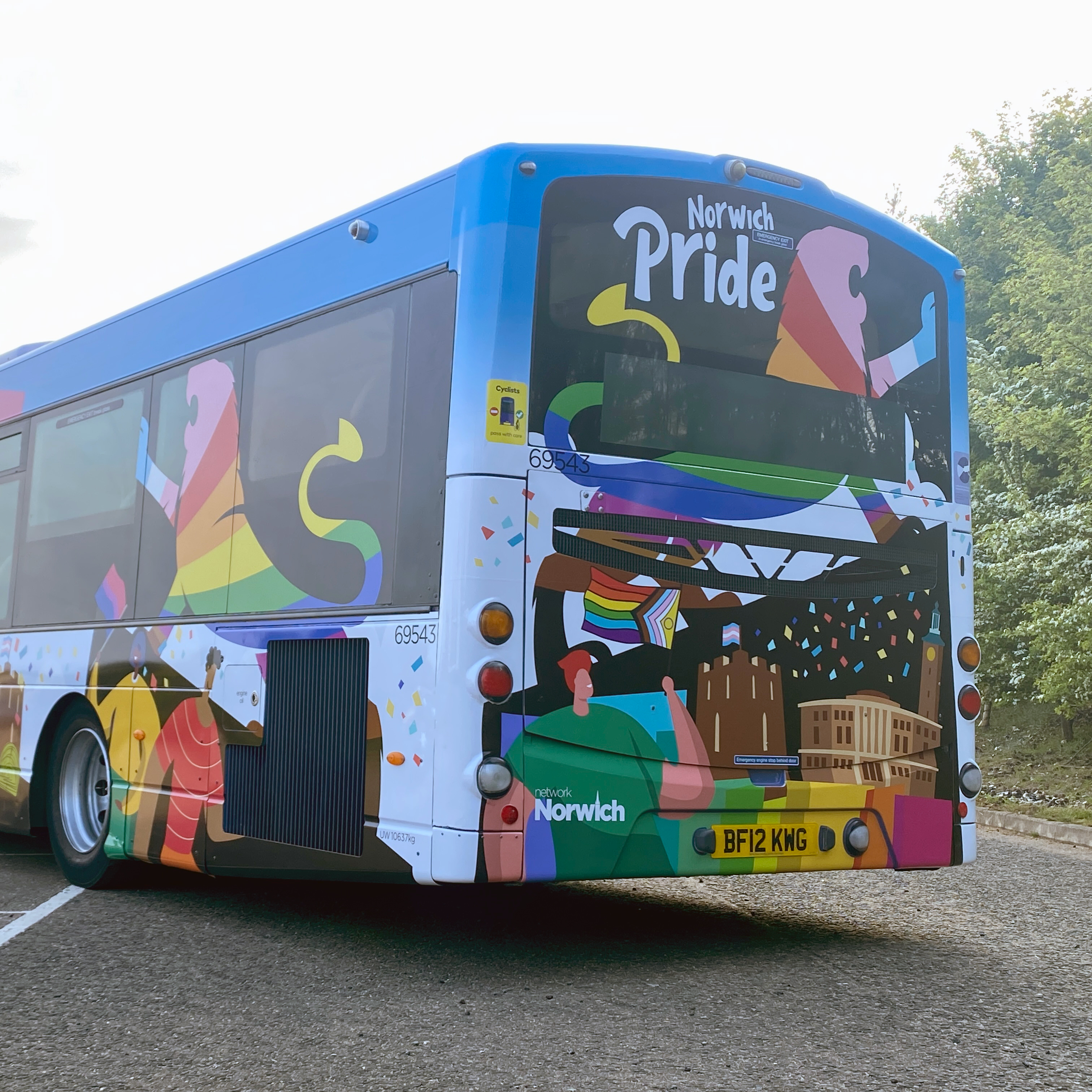 The rear of the bus incorporating Norwich Pride's logo.