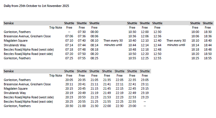 Gorleston Shuttle timetable