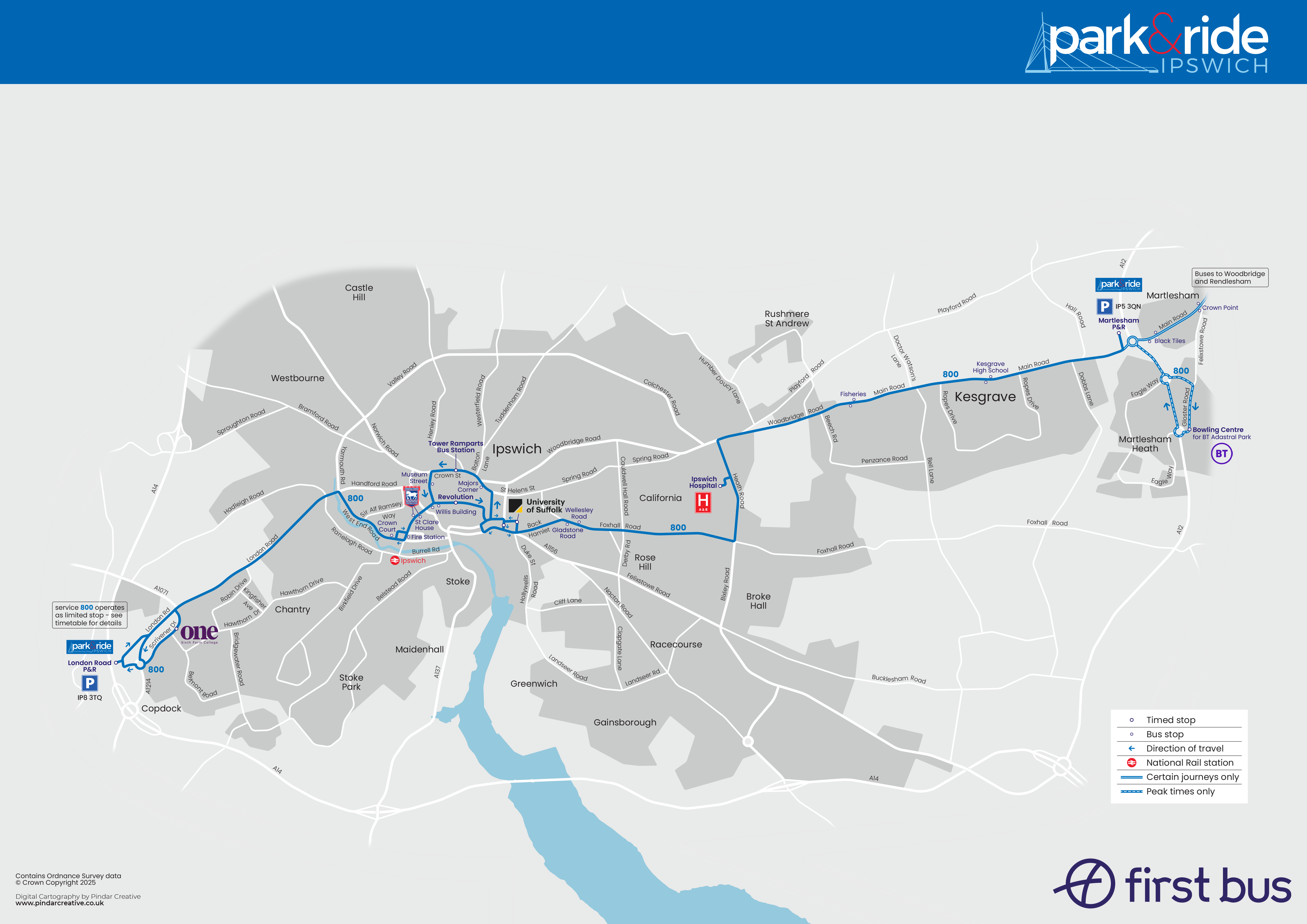a map of the Ipswich Park & Ride route