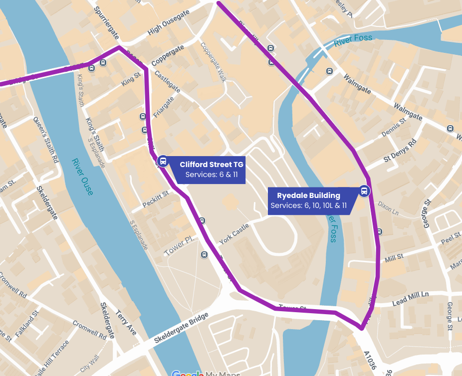 Map of York with new bus stops