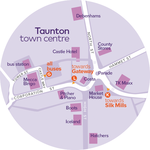 where to get on and off in Taunton town centre