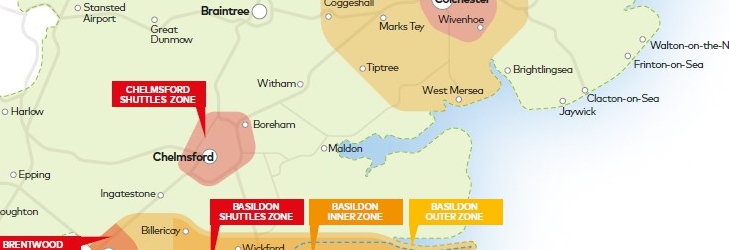 Map of ticket fare zones for First Essex Buses.